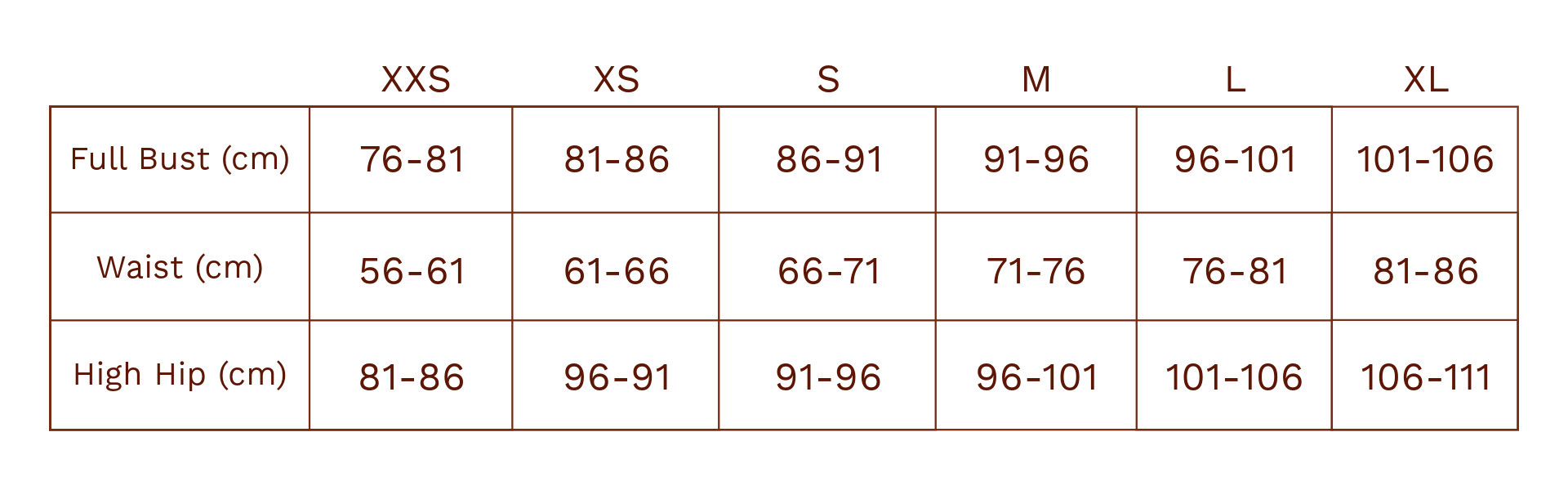 Sizing chart – Saya The Brand